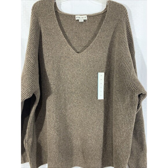 Ava & Viv Ribbed Brown Sweater Womens 2X NWT V Neck Cozy Winter - Picture 2 of 7